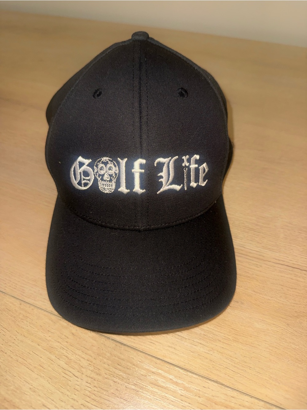 adidas Black Baseball Cap with White 'Golf Life' Skull Embroidery